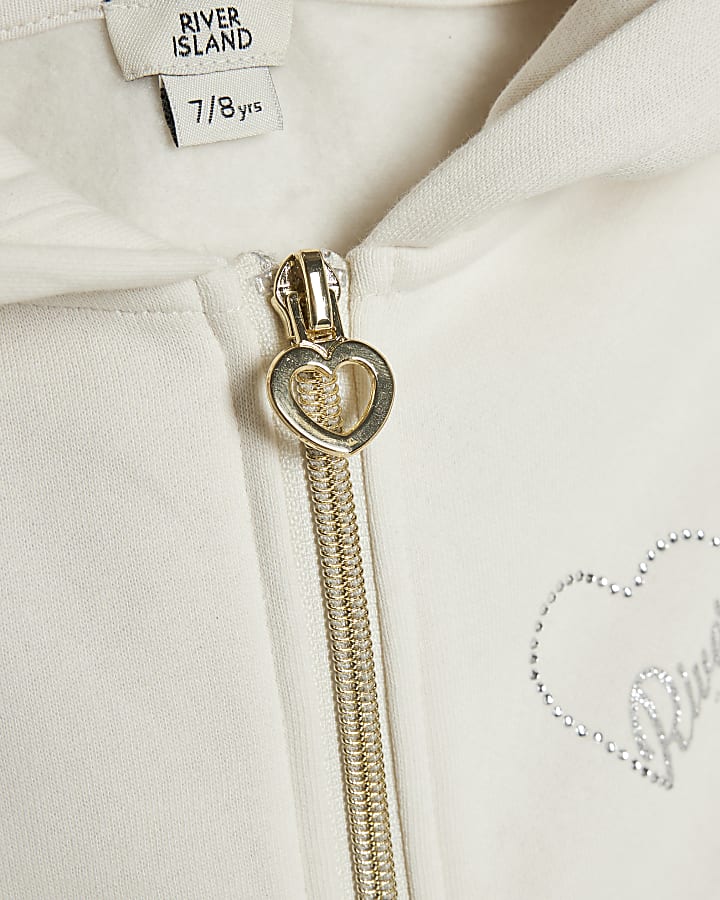 Girls Cream Zip RI Heart Hoodie Set