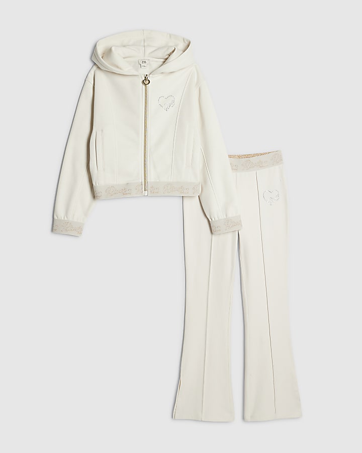 Girls Cream Zip RI Heart Hoodie Set