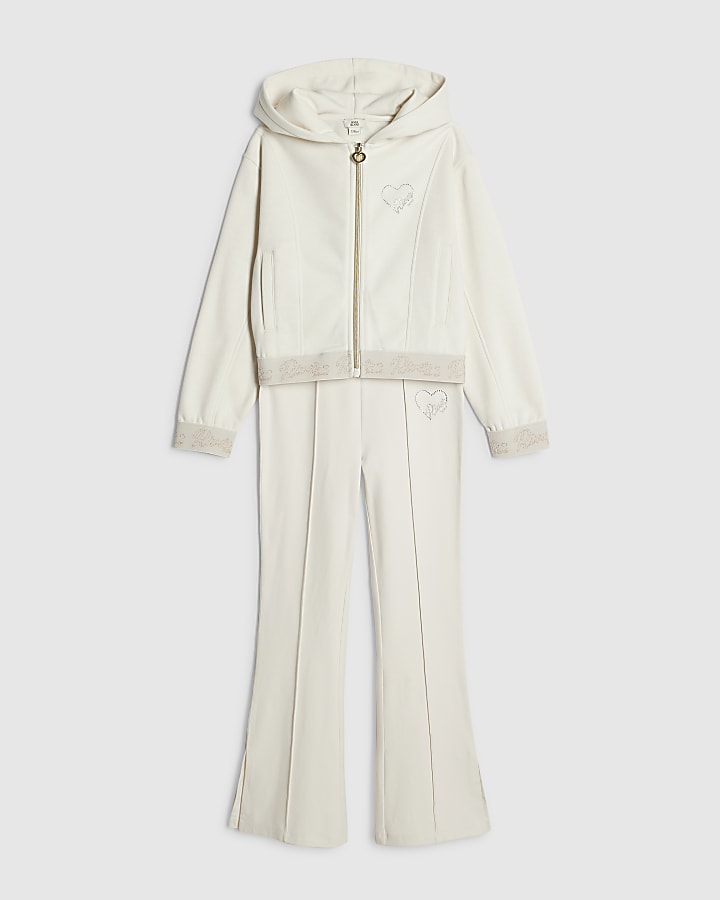 Girls Cream Zip RI Heart Hoodie Set