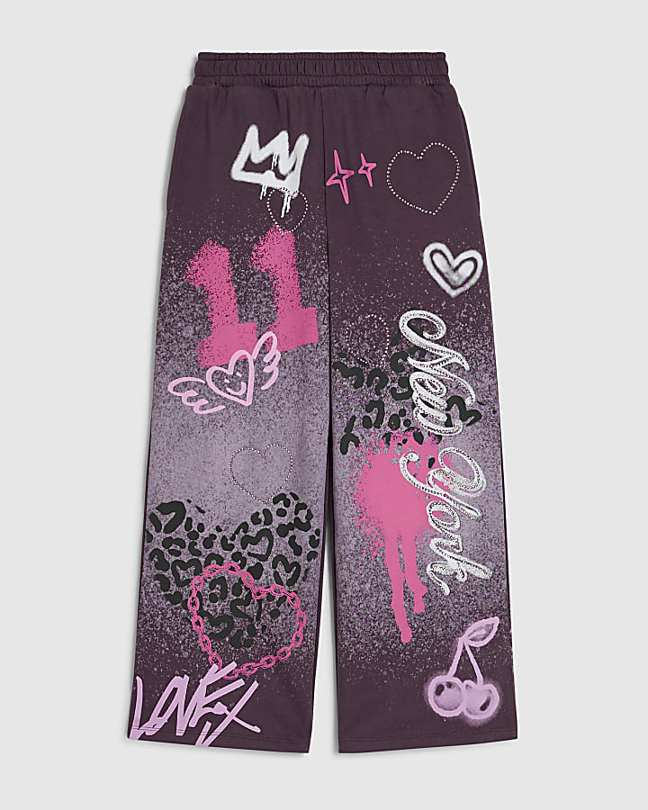 Girls Purple Graffiti Wide Leg Joggers