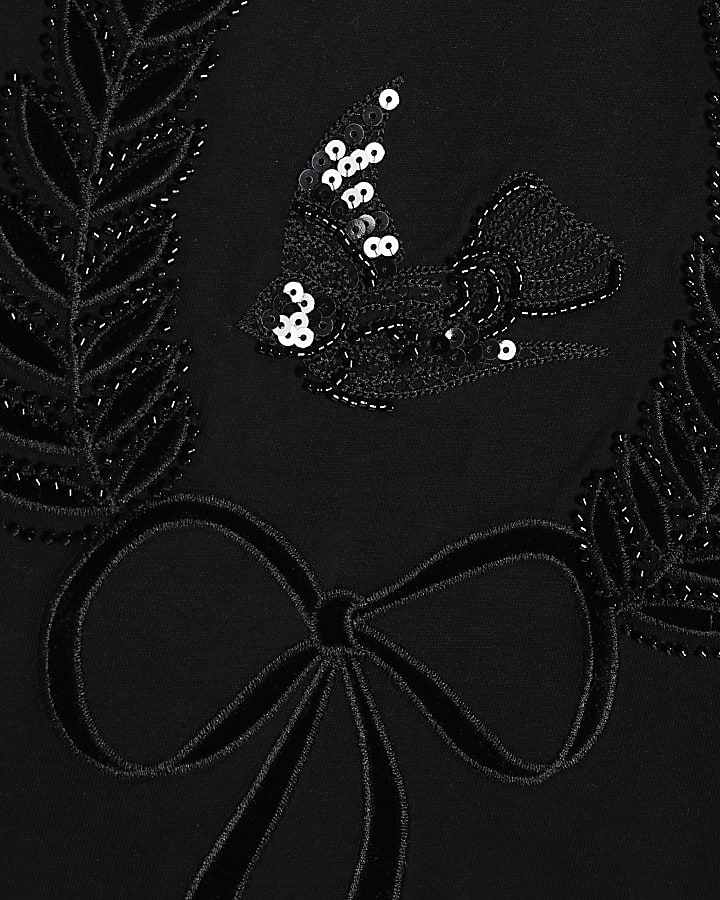 Girls Black Embroidered Beaded Floral Top Set