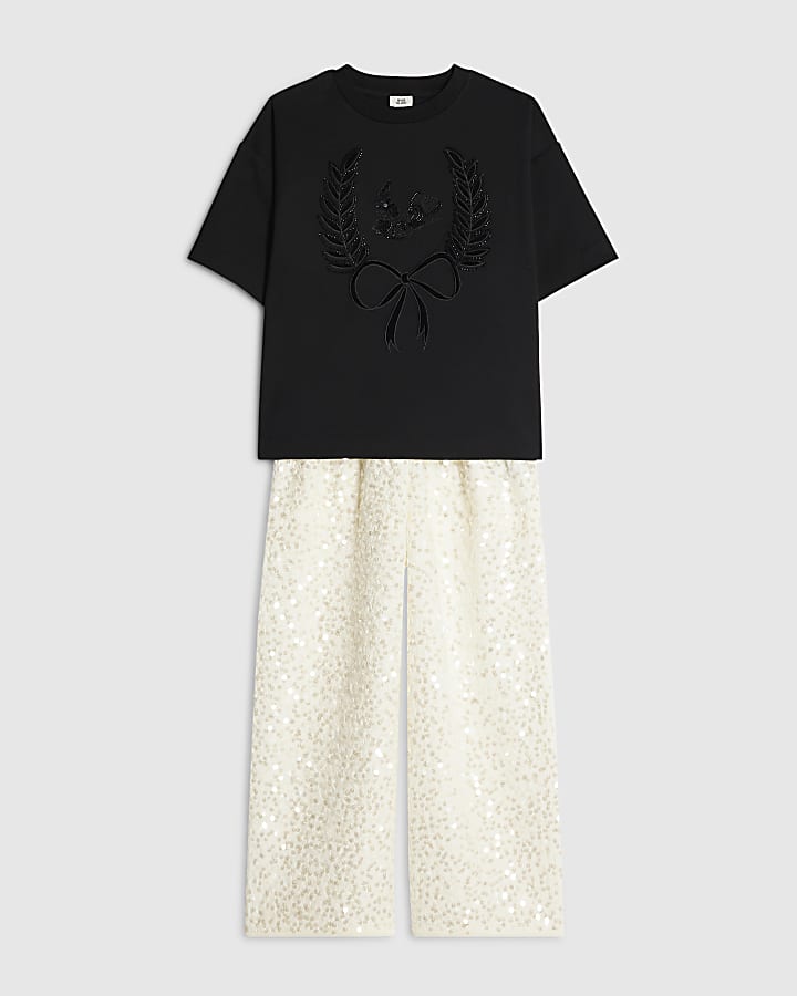 Girls Black Embroidered Beaded Floral Top Set