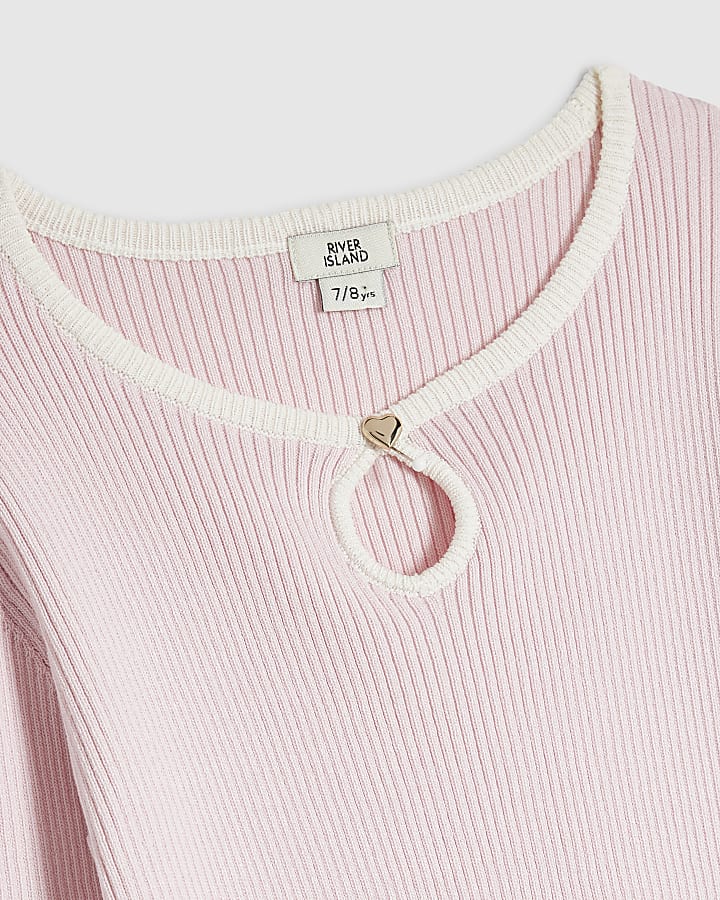 Girls Pink Ribbed Keyhole Long Sleeve Top 