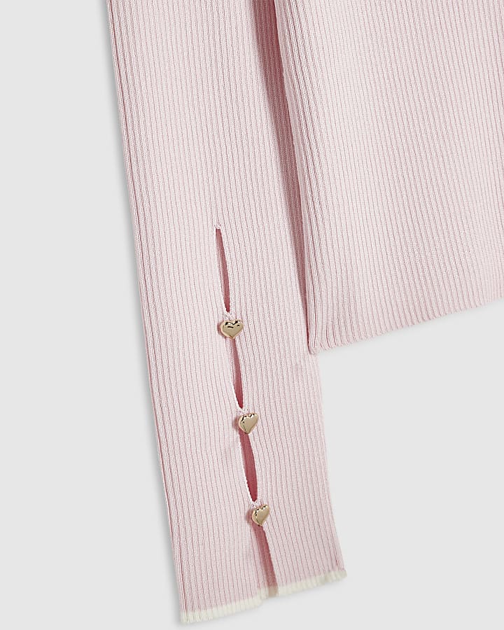 Girls Pink Ribbed Keyhole Long Sleeve Top 