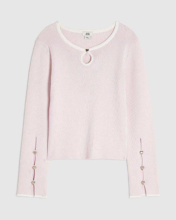 Girls Pink Ribbed Keyhole Long Sleeve Top 