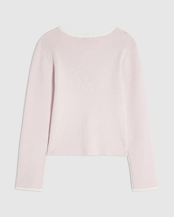 Girls Pink Ribbed Keyhole Long Sleeve Top 