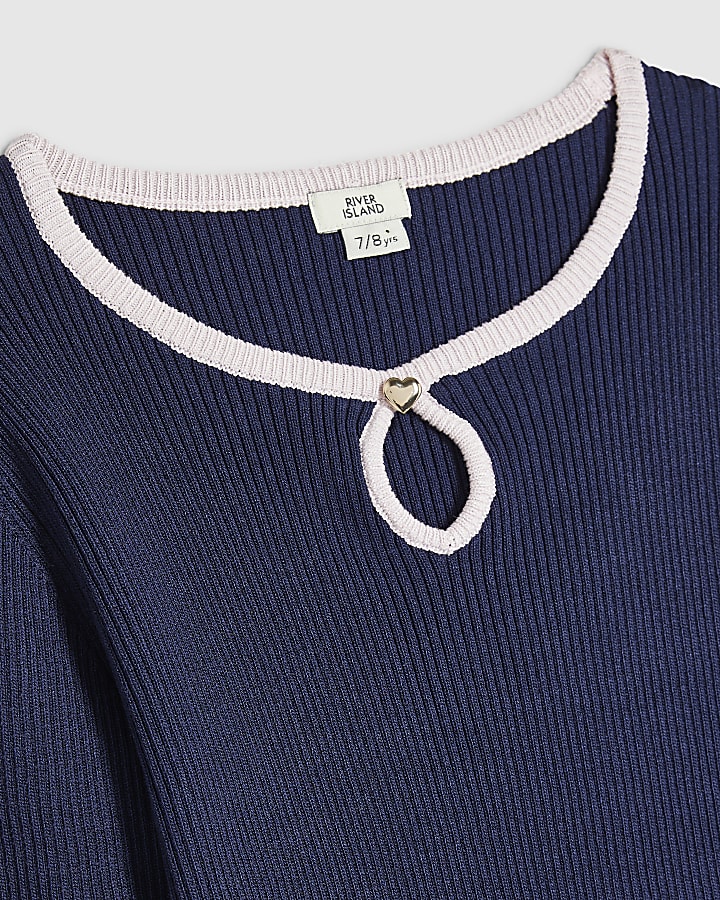 Girls Navy Ribbed Keyhole Long Sleeve Top 