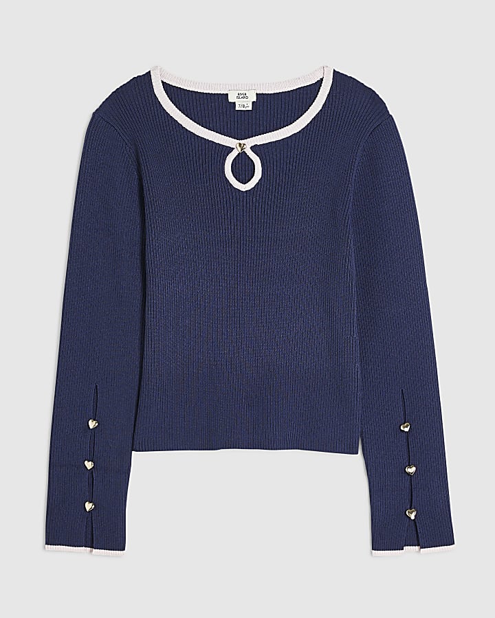 Girls Navy Ribbed Keyhole Long Sleeve Top 