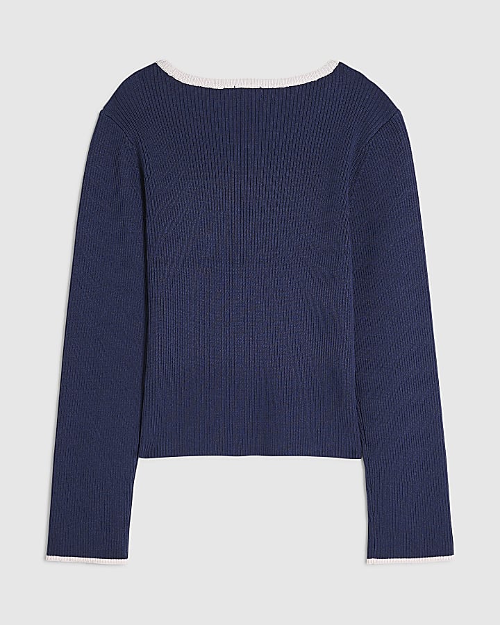Girls Navy Ribbed Keyhole Long Sleeve Top 