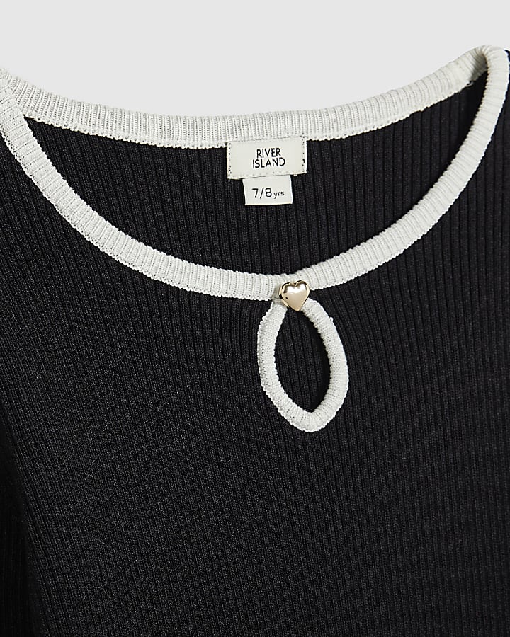 Girls Black Ribbed Keyhole Long Sleeve Top