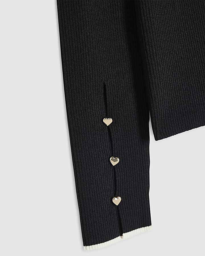 Girls Black Ribbed Keyhole Long Sleeve Top