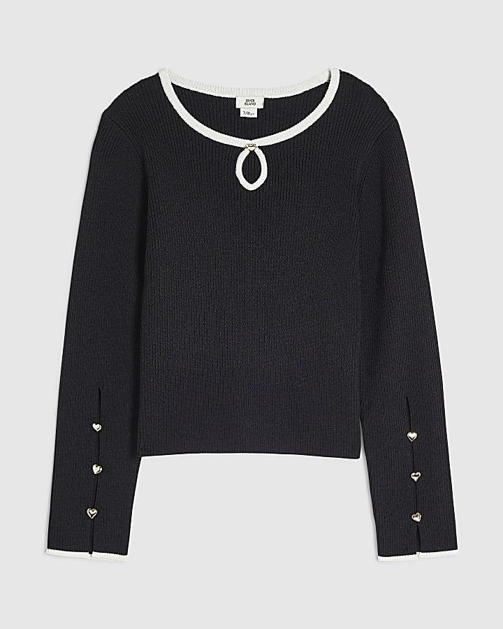 Girls Black Ribbed Keyhole Long Sleeve Top