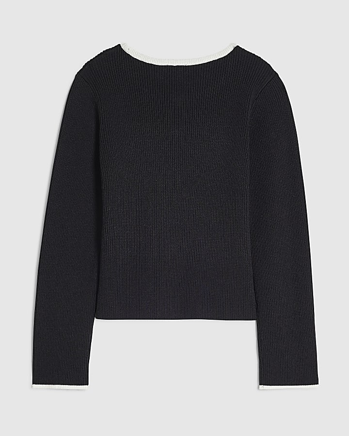 Girls Black Ribbed Keyhole Long Sleeve Top