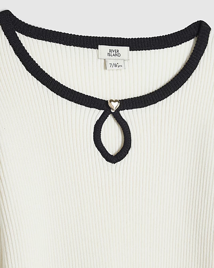 Girls Cream Ribbed Keyhole Long Sleeve Top 