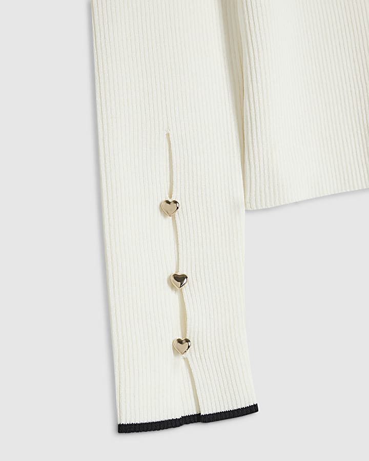 Girls Cream Ribbed Keyhole Long Sleeve Top 