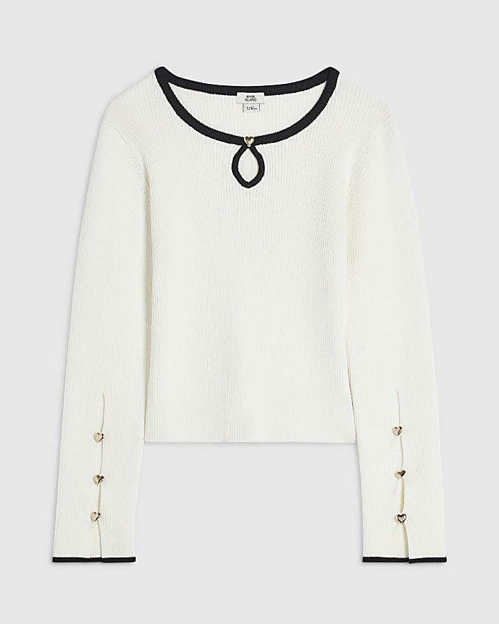 Girls Cream Ribbed Keyhole Long Sleeve Top 