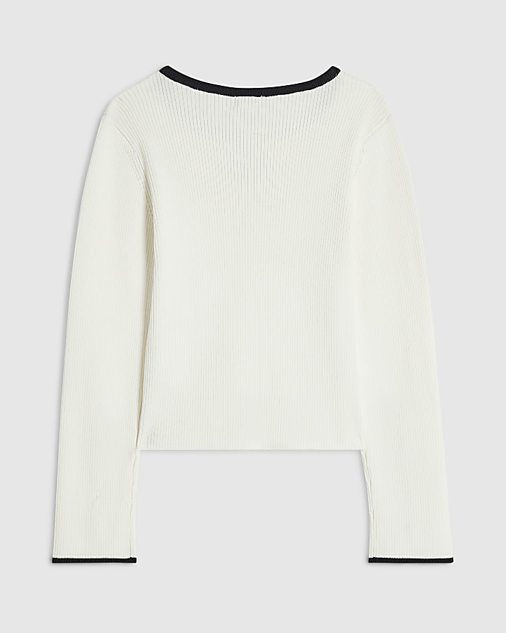 Girls Cream Ribbed Keyhole Long Sleeve Top 