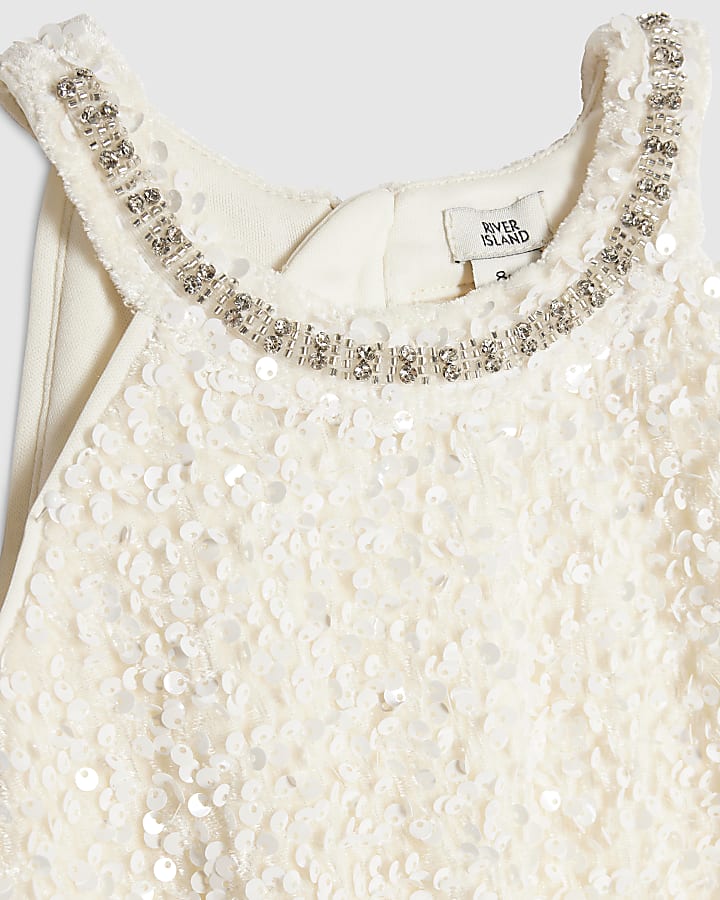 Girls Cream Sequin Halter Neck Dress