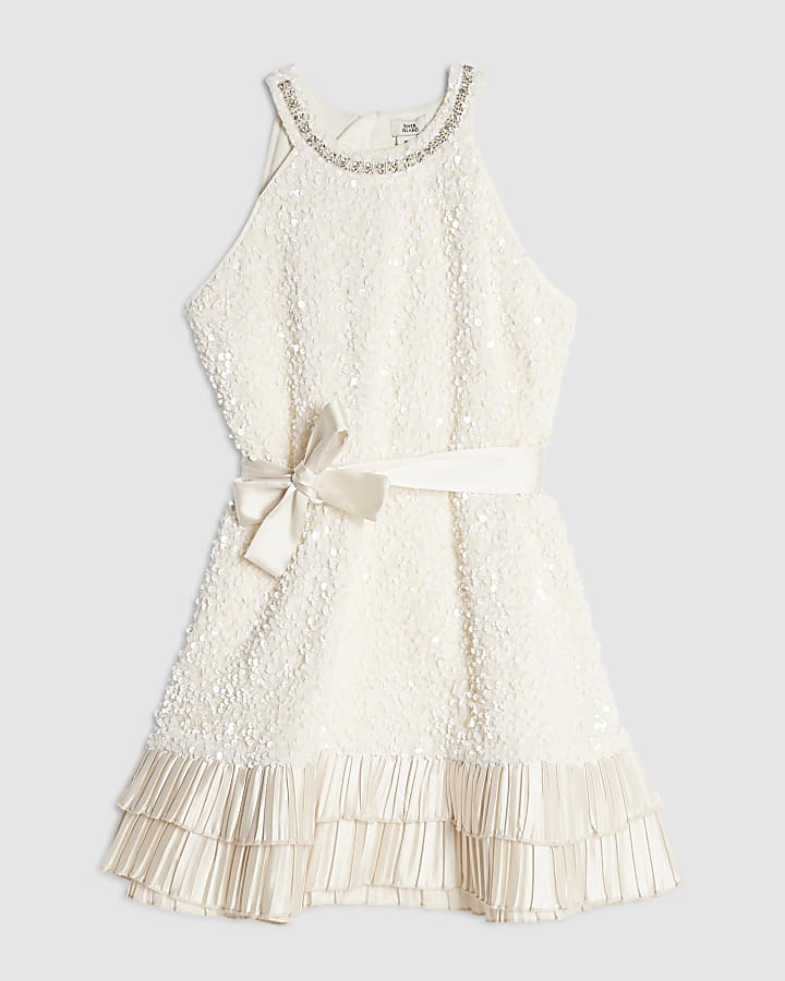Girls Cream Sequin Halter Neck Dress