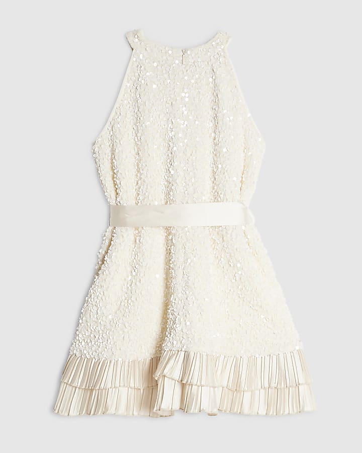 Girls Cream Sequin Halter Neck Dress