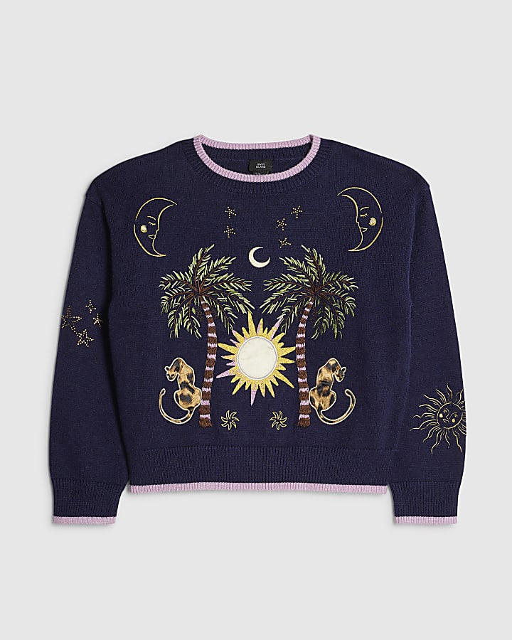 Girls Navy Palm Tree Jumper