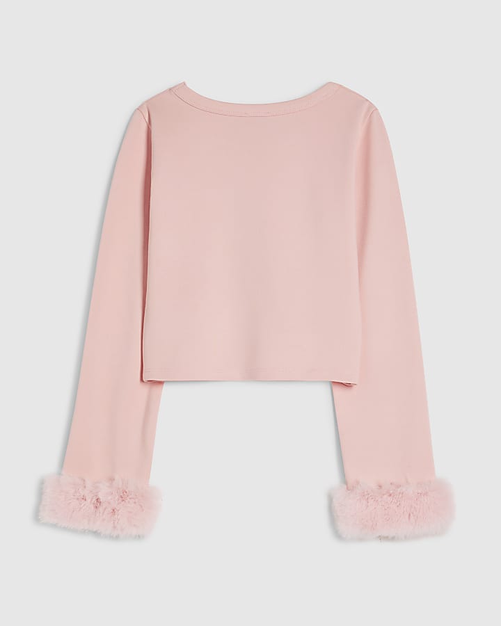 Girls Pink Long Sleeve Faux Fur Cuff Top