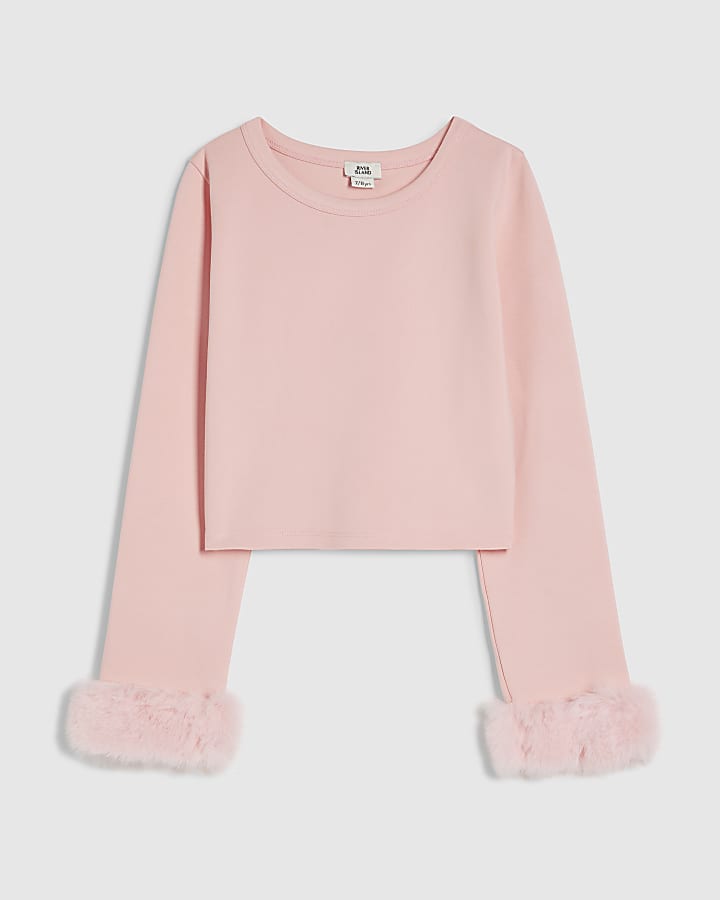Girls Pink Long Sleeve Faux Fur Cuff Top