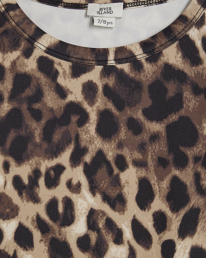 Girls Brown Leopard Faux Fur Cuff Top