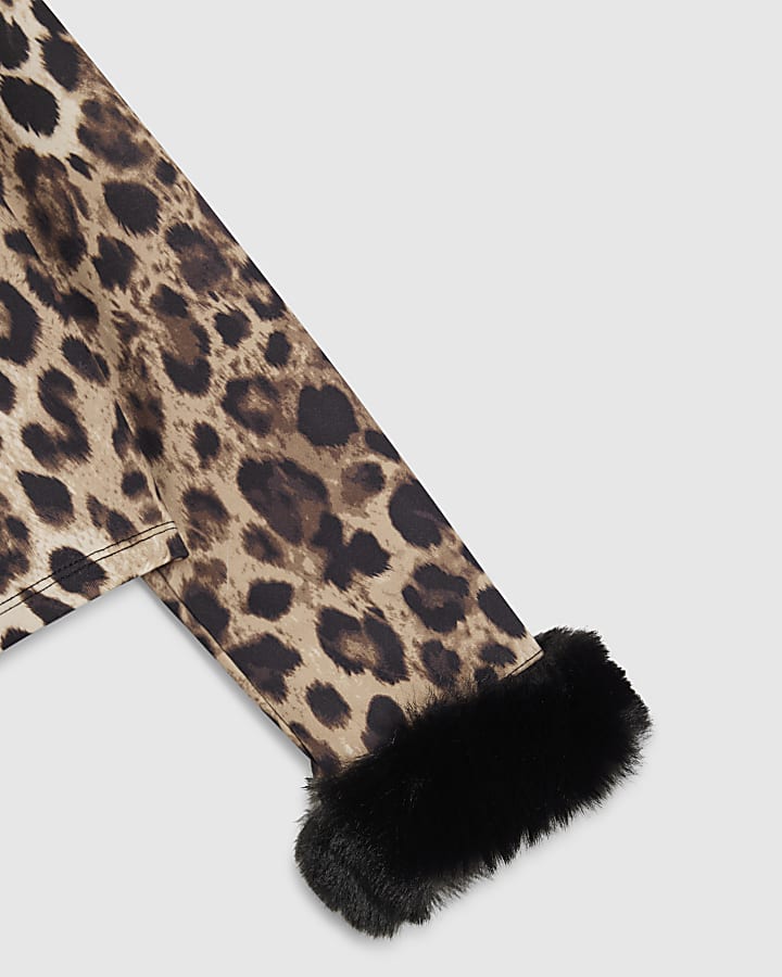 Girls Brown Leopard Faux Fur Cuff Top