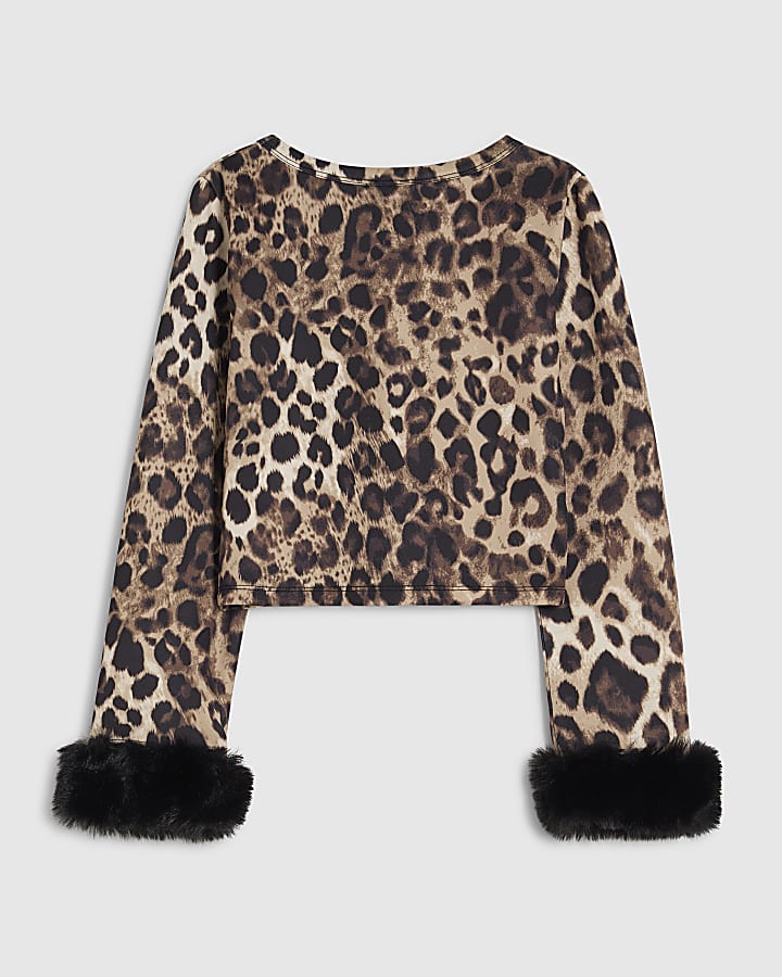 Girls Brown Leopard Faux Fur Cuff Top