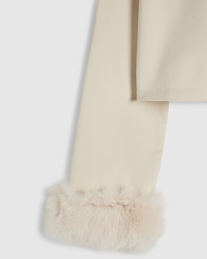 Girls Cream Long Sleeve Faux Fur Cuff Top