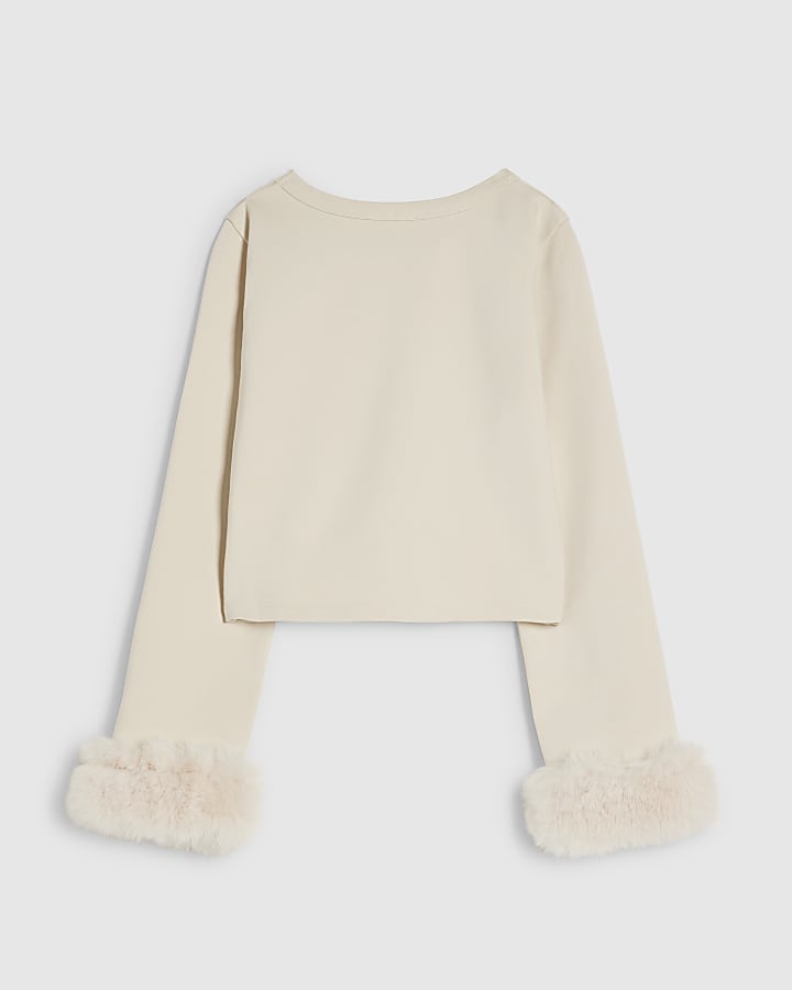 Girls Cream Long Sleeve Faux Fur Cuff Top