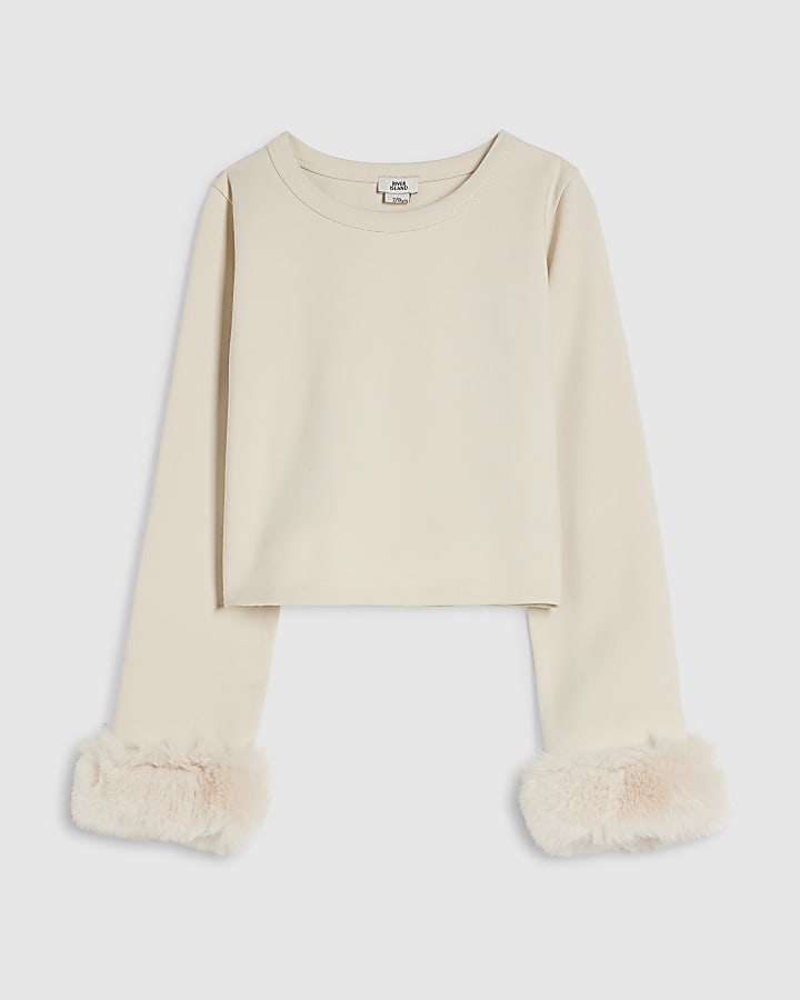 Girls Cream Long Sleeve Faux Fur Cuff Top