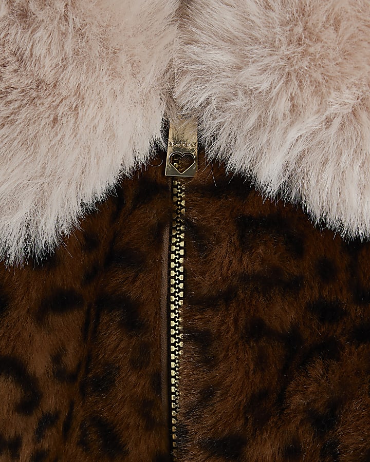 Mini Girls Brown Faux Fur Leopard Print Coat