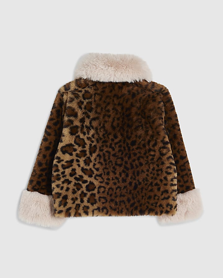 Mini Girls Brown Faux Fur Leopard Print Coat