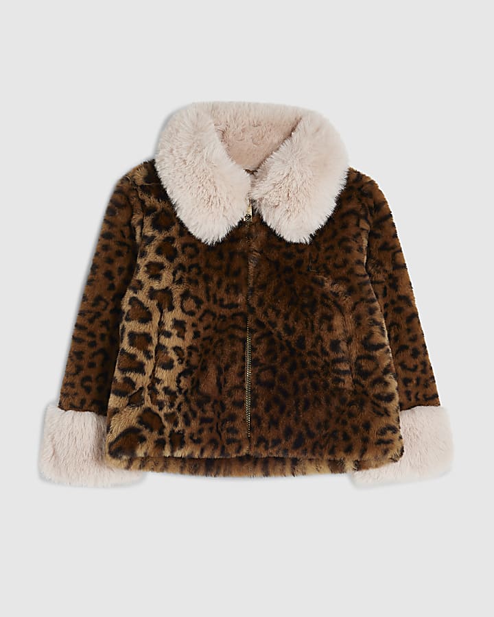 Mini Girls Brown Faux Fur Leopard Print Coat