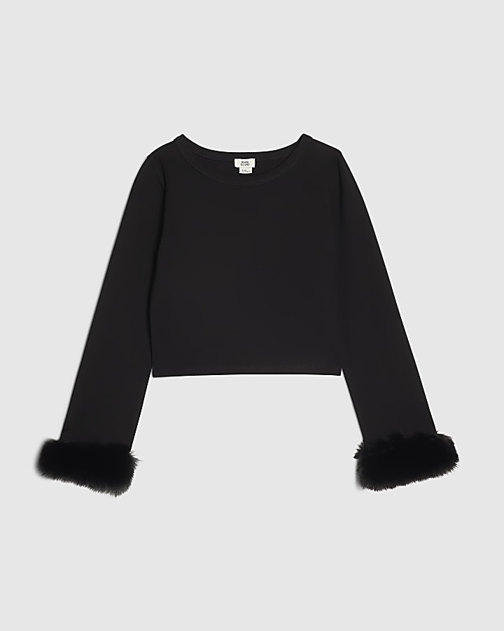 Girls Black Faux Fur Cuff Long Sleeve Top