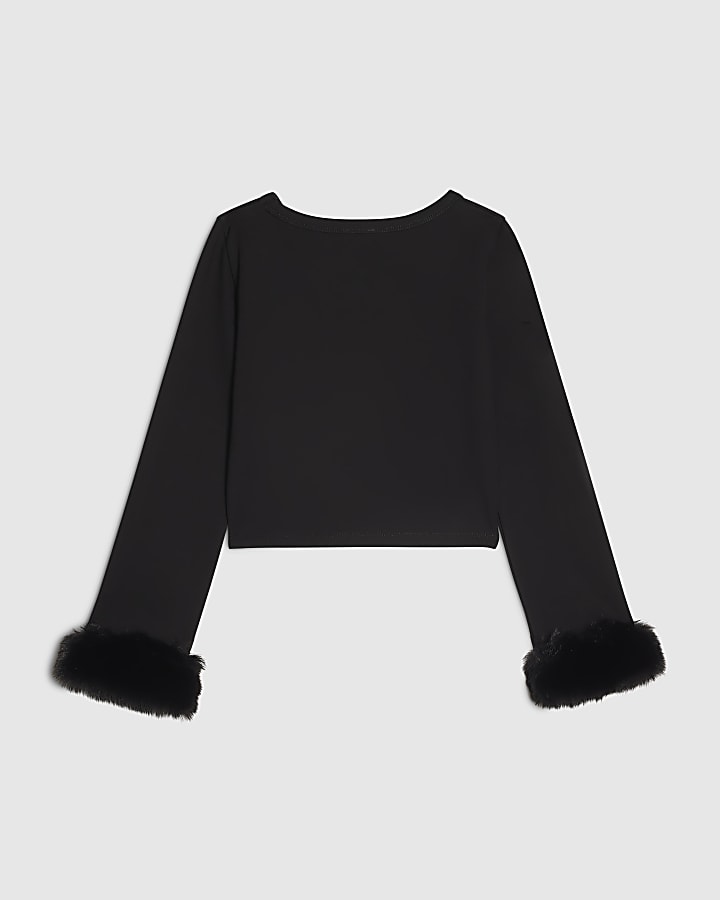 Girls Black Faux Fur Cuff Long Sleeve Top
