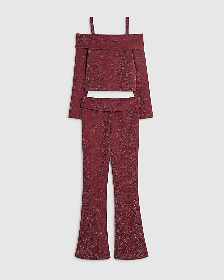 Girls Burgundy Glitter Flared Trousers Set