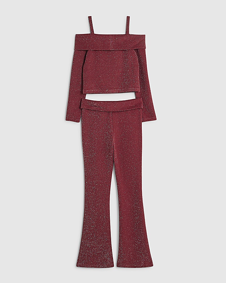 Girls Burgundy Glitter Flared Trousers Set