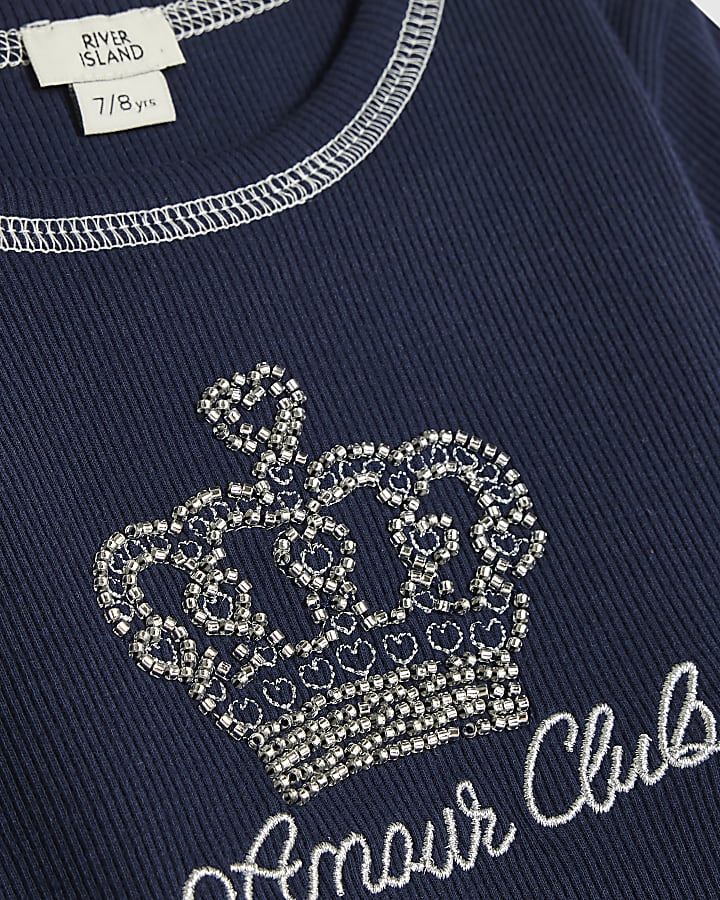 Girls Blue Crown Embellished T-Shirt
