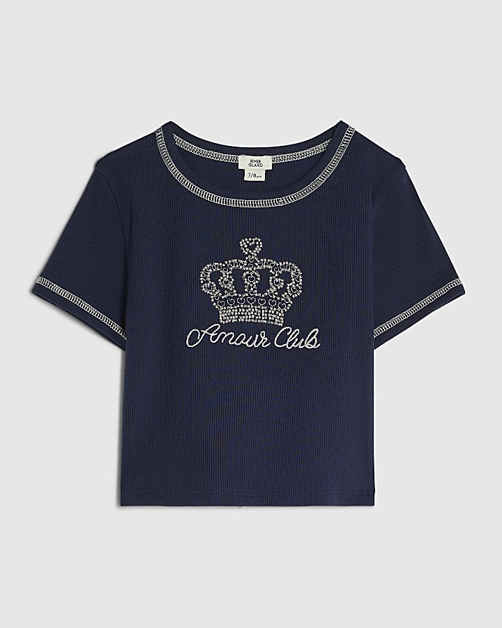 Girls Blue Crown Embellished T-Shirt