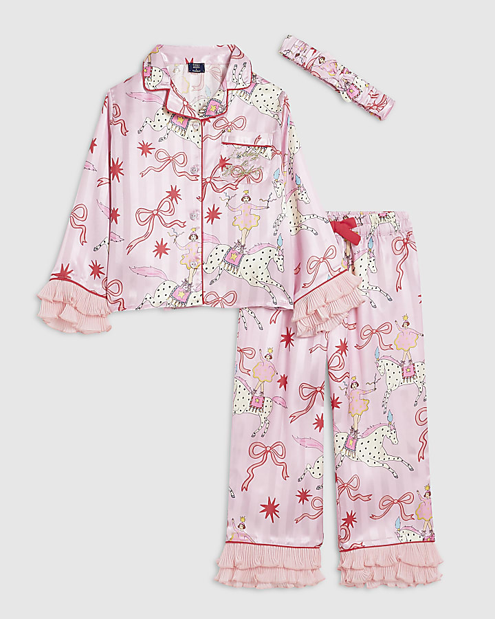 Mini Girls Pink Circus Satin Pyjama Set
