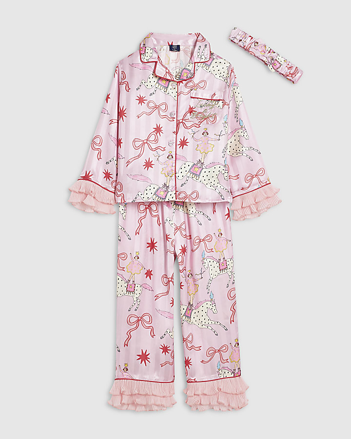 Mini Girls Pink Circus Satin Pyjama Set