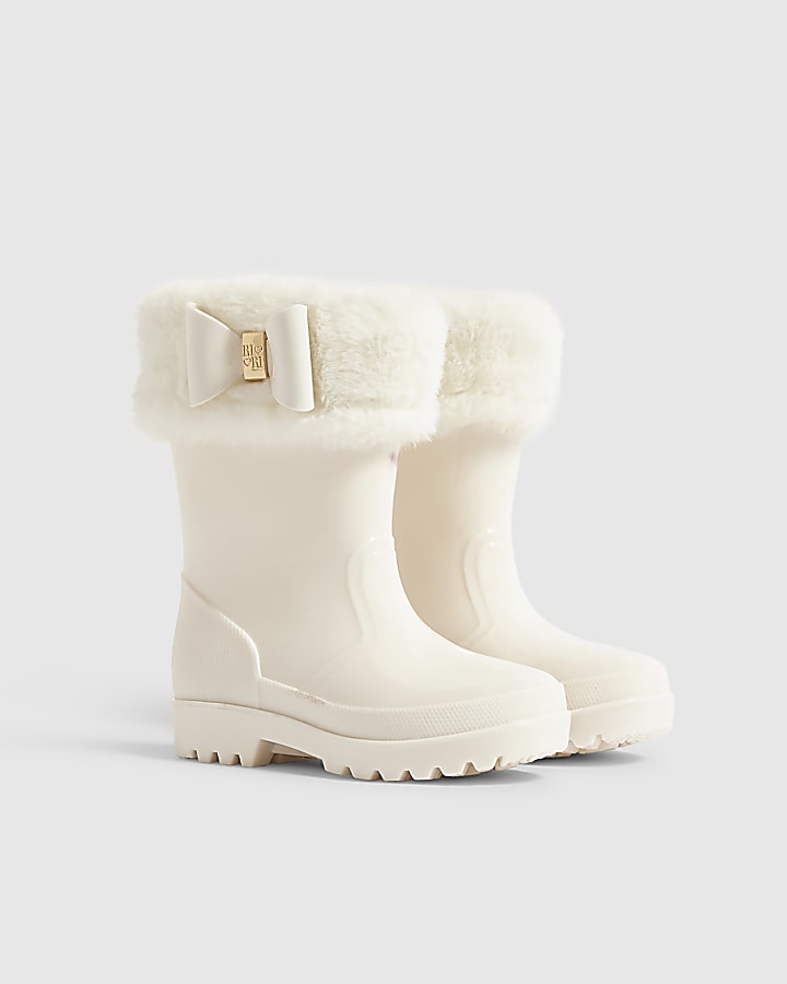 Mini Girls Cream Fur Trim Wellies