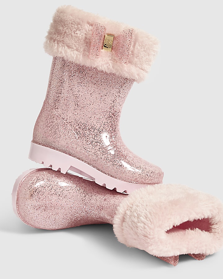 Mini Girls Pink Faux Fur Glitter Wellies