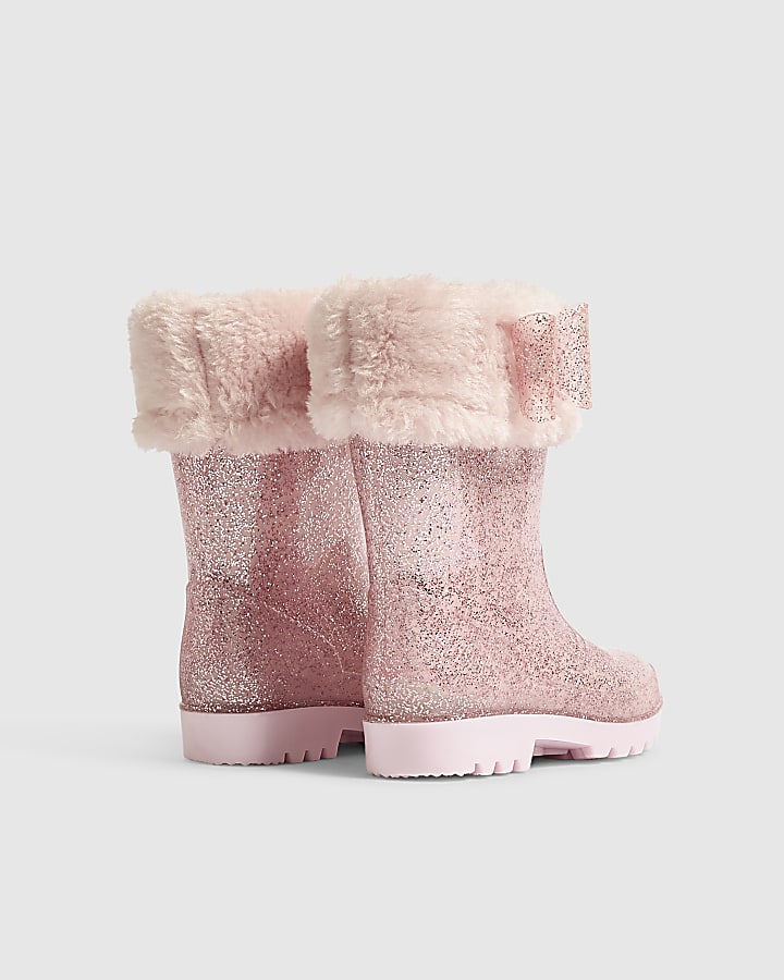 Mini Girls Pink Faux Fur Glitter Wellies