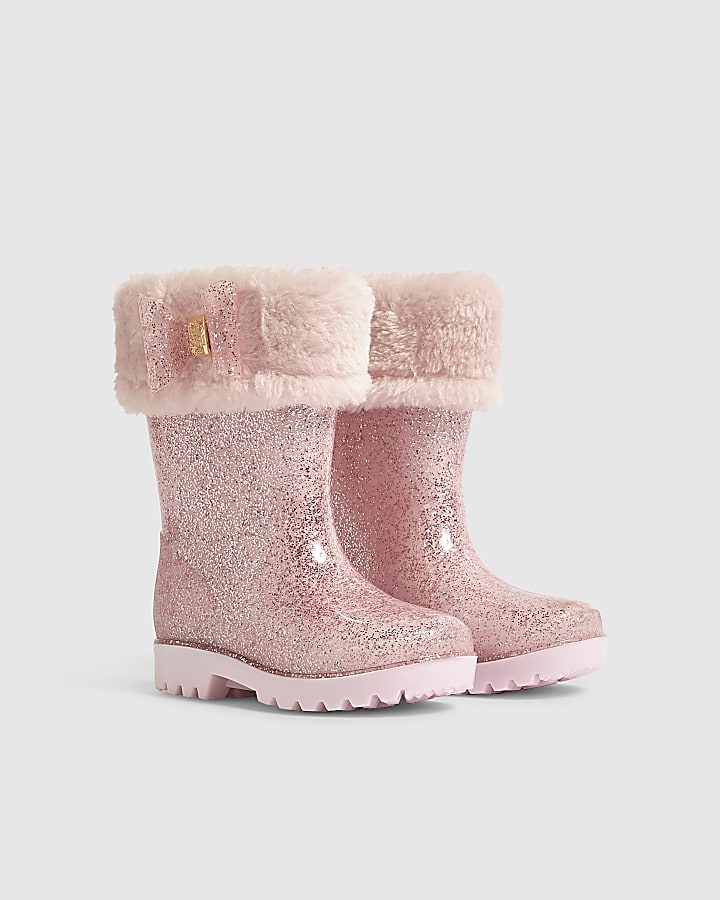 Mini Girls Pink Faux Fur Glitter Wellies