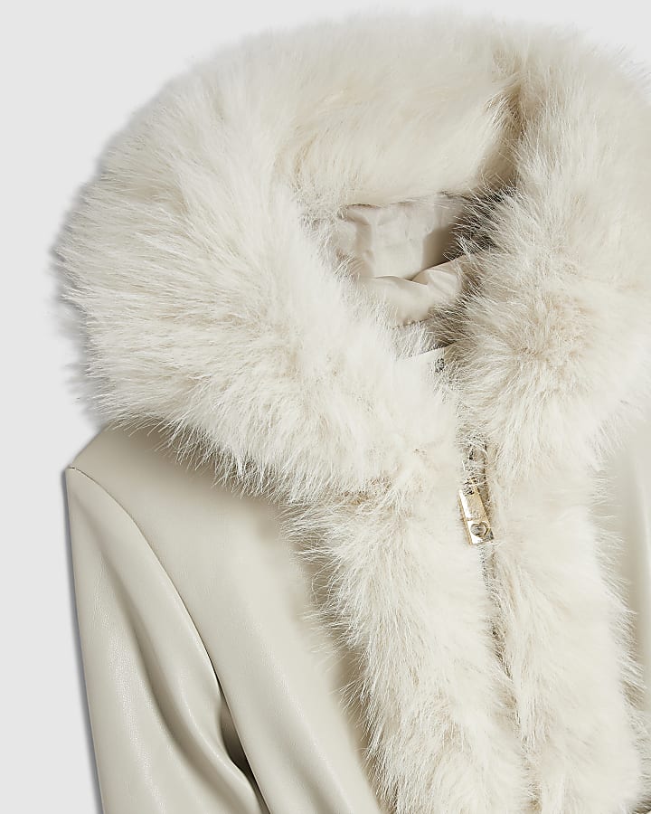 Girls Cream Faux Fur Wrap Hoodie Coat