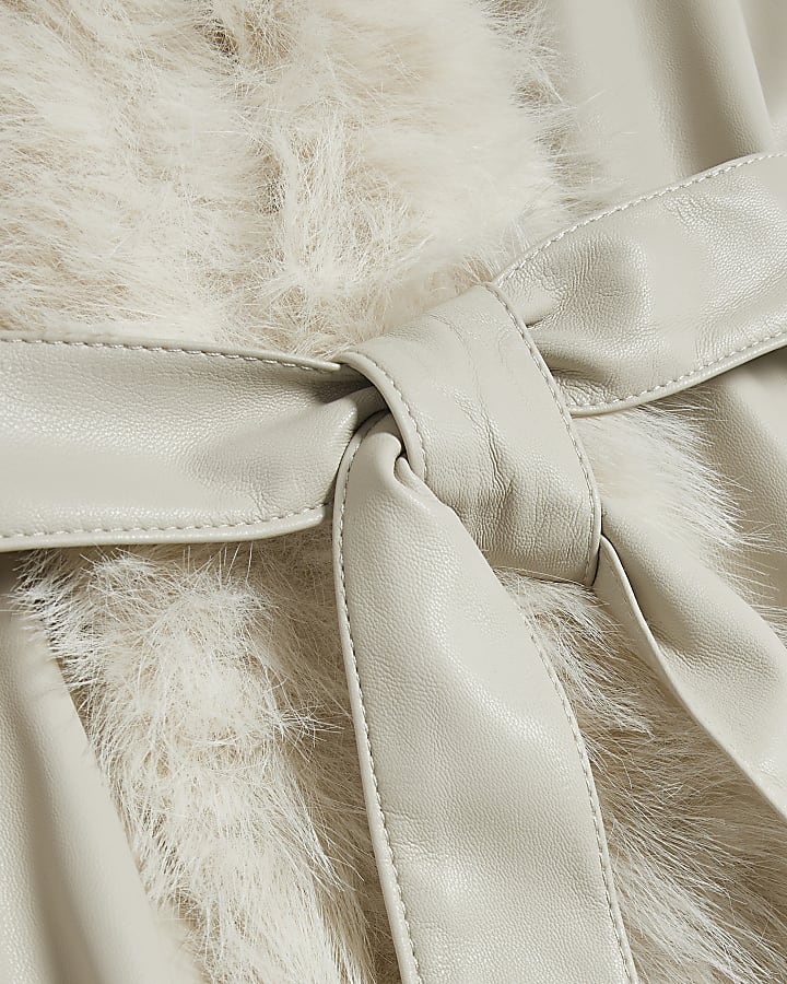Girls Cream Faux Fur Wrap Hoodie Coat